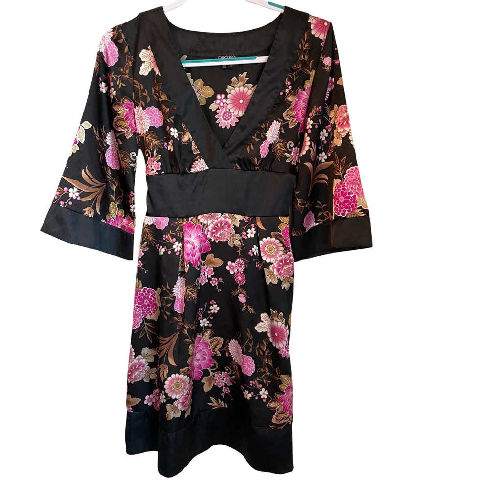 XOXO Vtg‎ Y2k Floral Kimono Babydoll Mini Dress Black Pink Satin Size 7 Tie Back